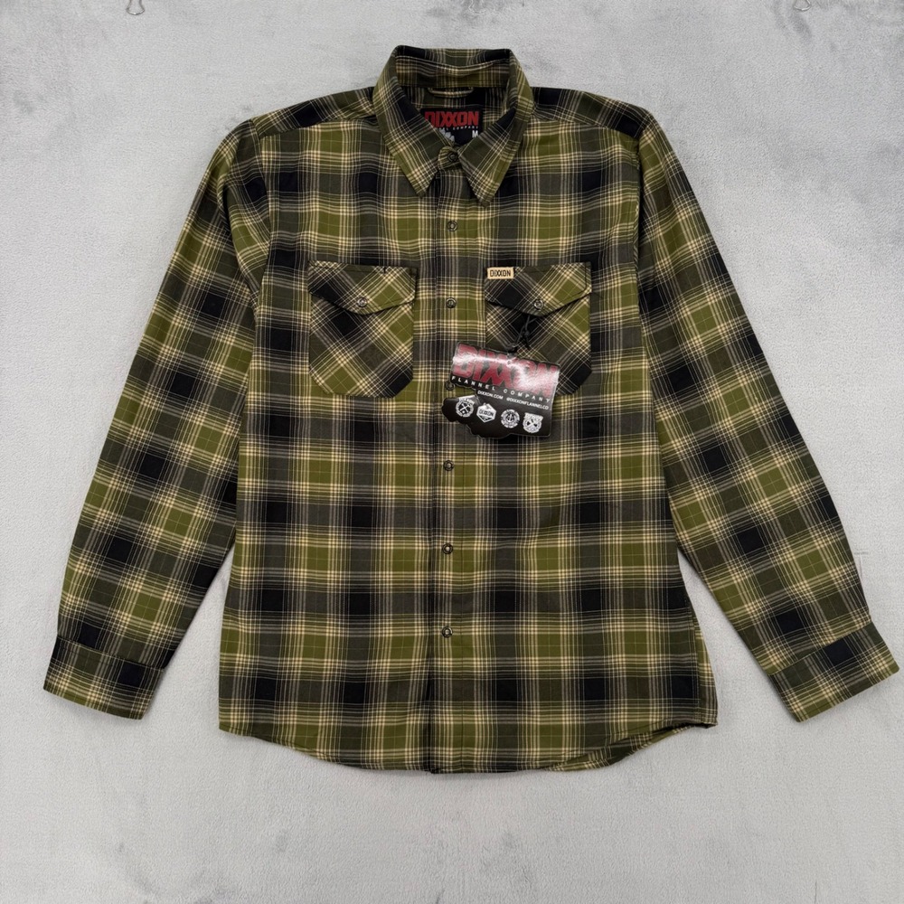 Dixxon Flannel Action Olive Green Black Plaid D-Tech Snap Button Shirt Mens M - Picture 2 of 16